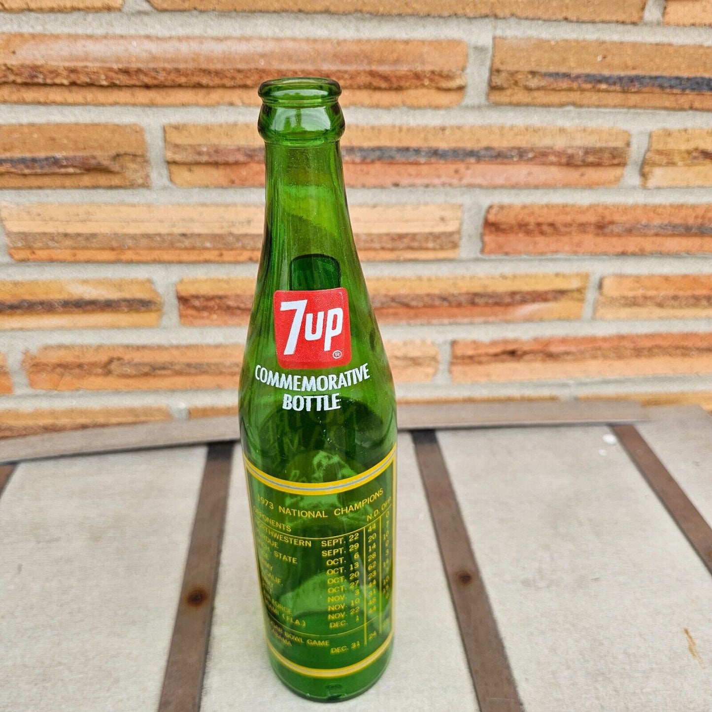 7UP bottle Notre Dame Fighting Irish National Champs Glass Sugar Bowl 1973