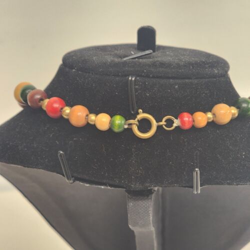 Multicolor Wood Bead Necklace Gold Tone Accents 16" Strand Spring Ring Clasp Vtg