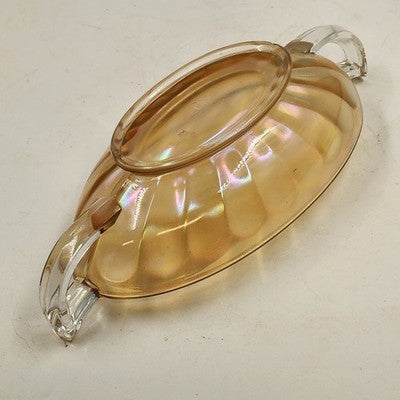 Jeannette Iridescent Carnival Glass Marigold Bowl Twin Clear Handle Large 10.5"