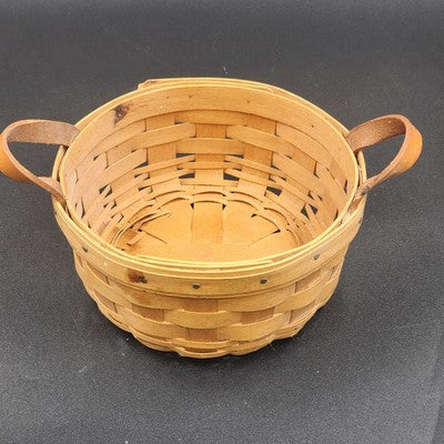 Longaberger Handwoven Button Basket w Leather Handles 6.5" Classic Stain 1997