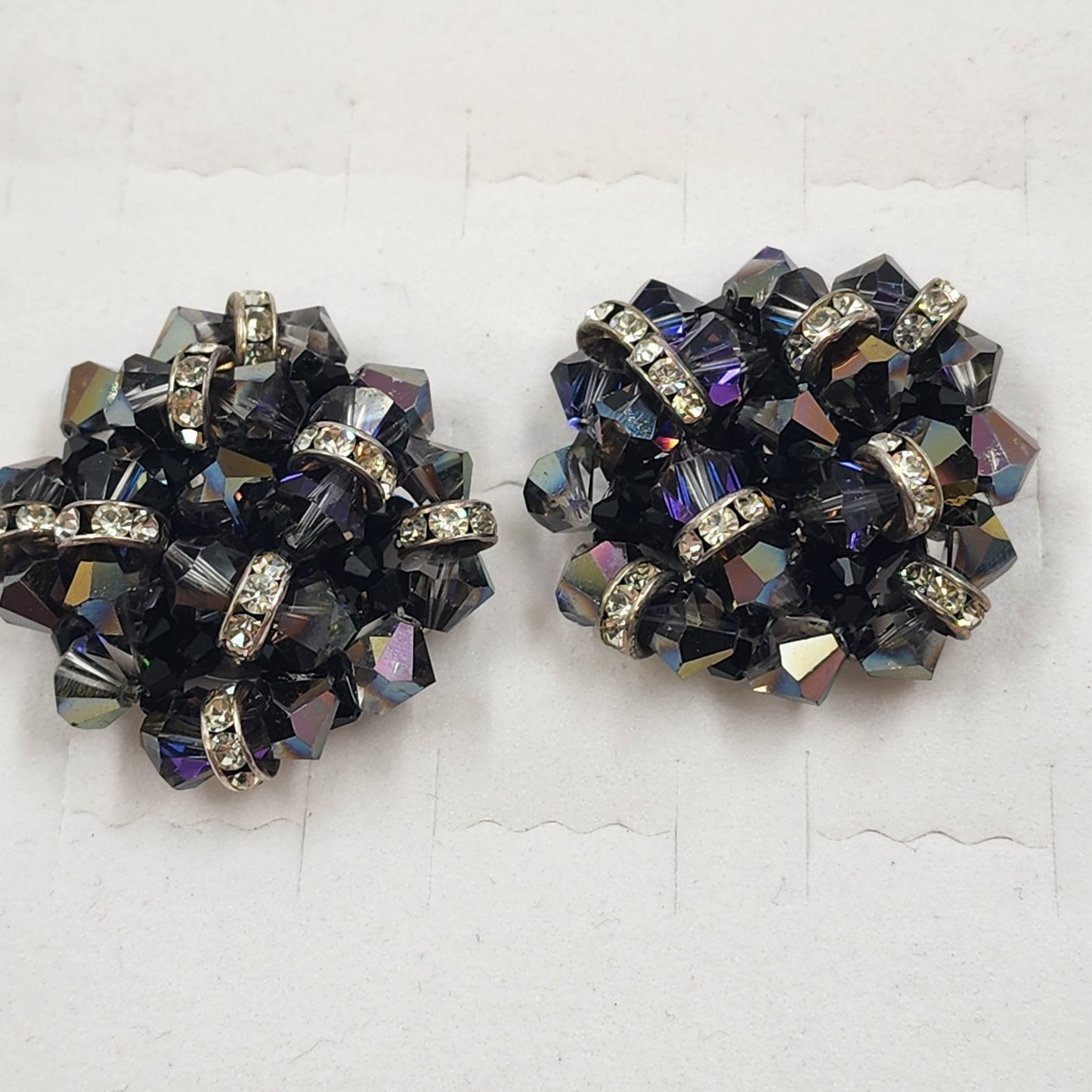 Deep Purple Bead & Colorful Rhinestone Clip Earrings Vintage 1.5” Statement