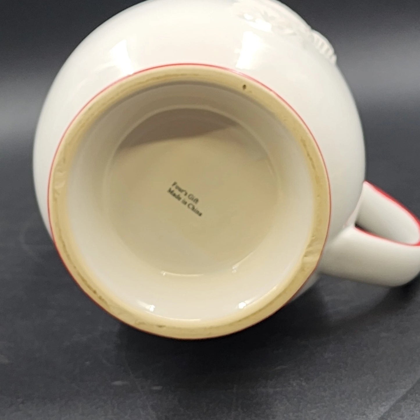 Four’s Gift Rooster Pitcher 9.5" White Ceramic Red Trim w Handle 2003 Farmhouse