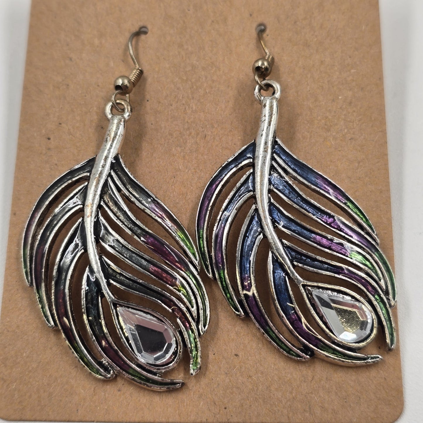 2 Set of Earrings Feather Shape Enameled Rhinestone & Avon Boho Weave Multicolor
