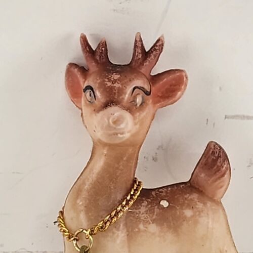 2 Plastic Hollow Reindeer Vintage Figurines Bells Chains Hong Kong 3.5"h