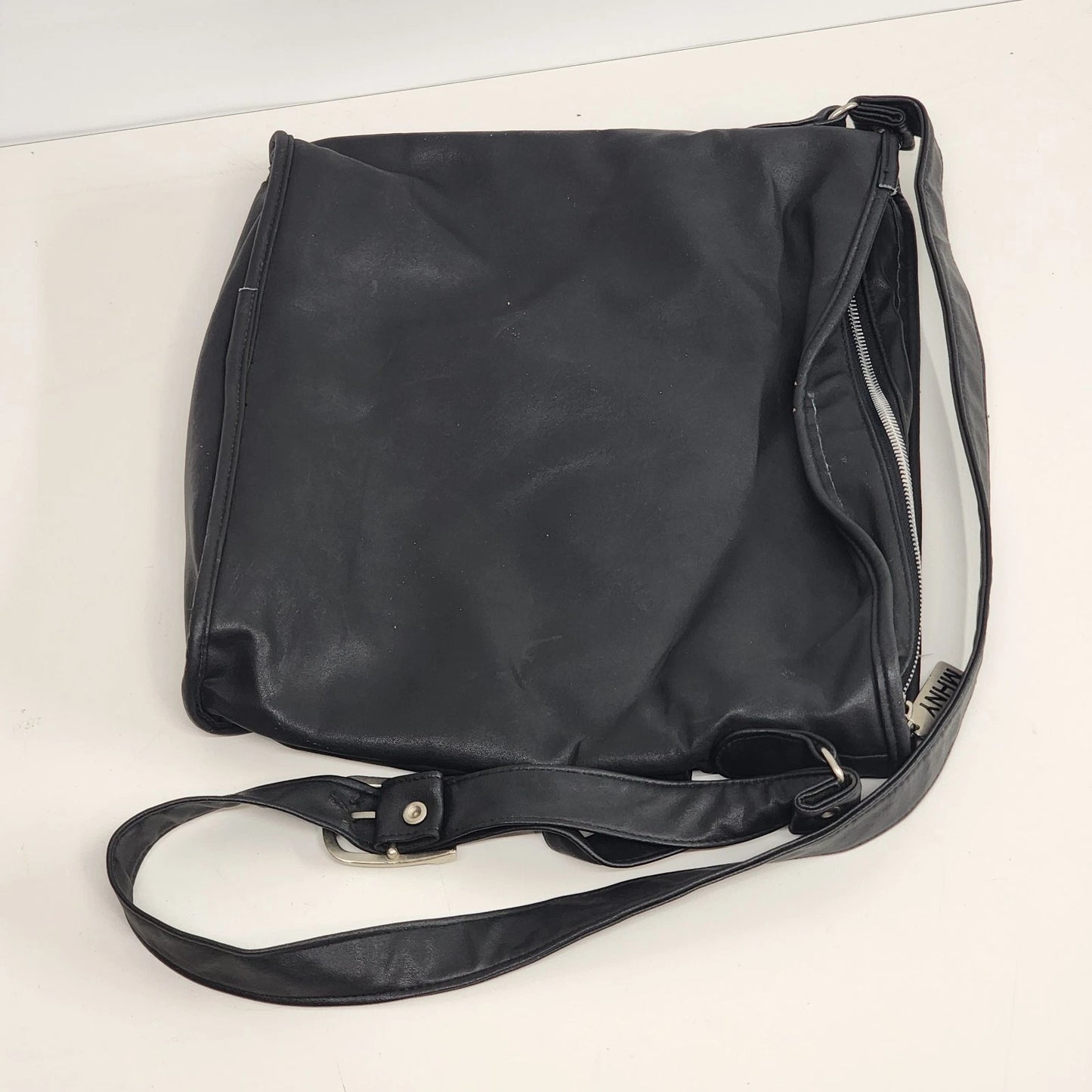 MHNY Black Leather Crossbody Satchel Three Compartment Purse