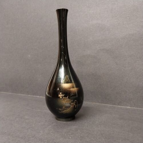 Japanese Chokin Bud Vase Black Enamel Brass 6.5" Vintage Marked Japan