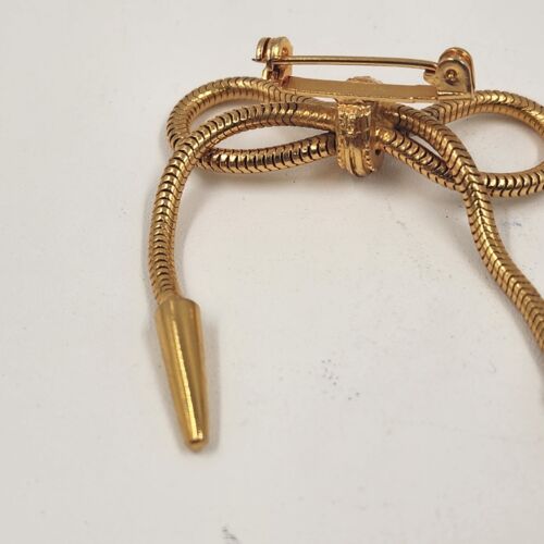 Gold Tone Mesh Rope Bow Brooch with Rhinestones & Tassels 1.5" Wide Vintage