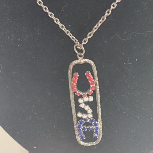 Red/White/Blue USA Pendant on Silver Tone Chain Necklace