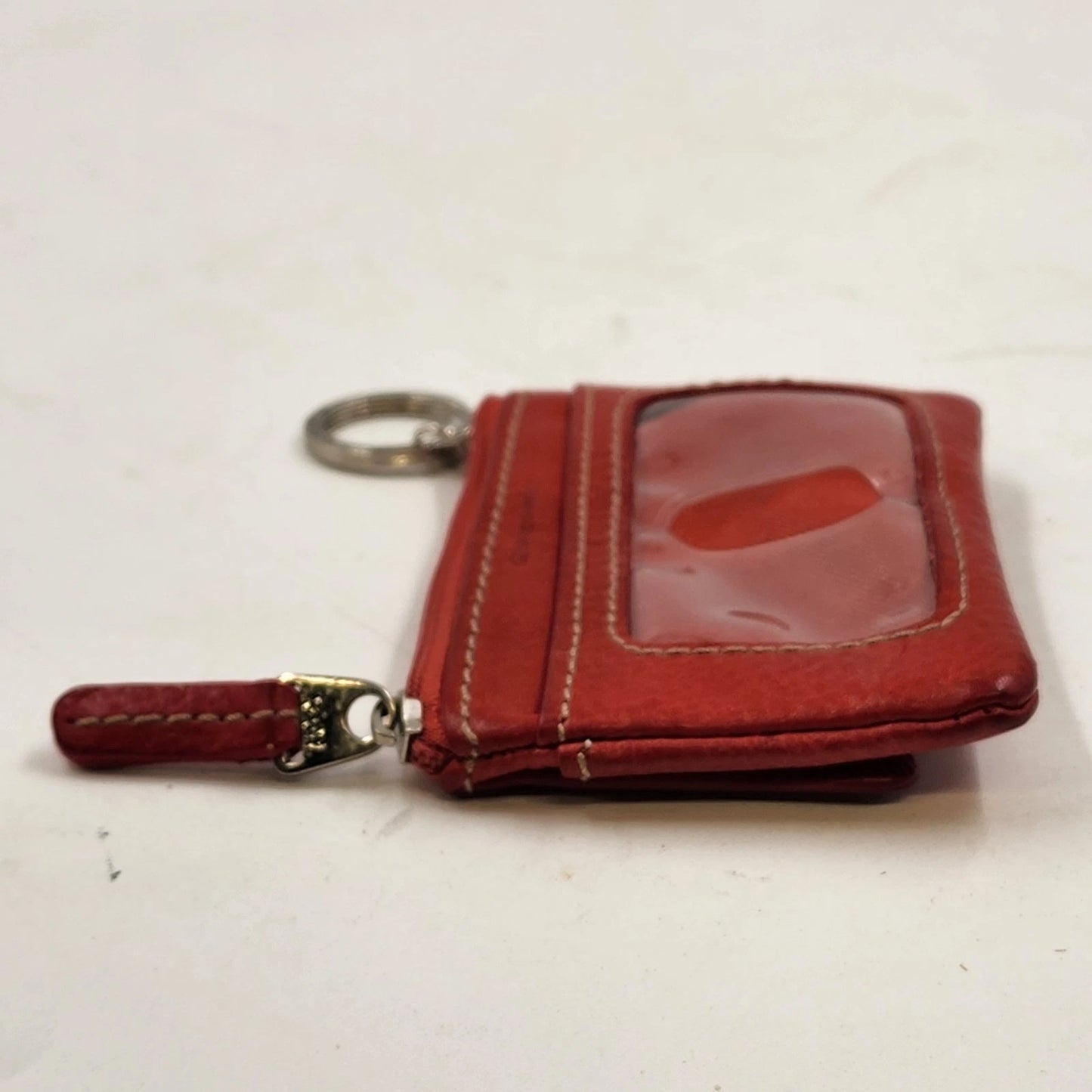 Fossil Red Leather Mini Wallet ID Window Keychain Coin Zip Pouch 4.25"