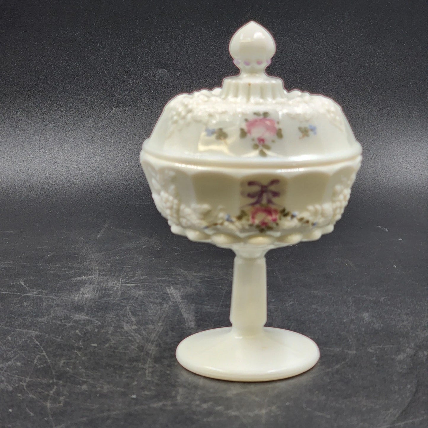 Westmoreland Milk Glass Covered Candy Dish Roses & Bows Paneled Grape 7”