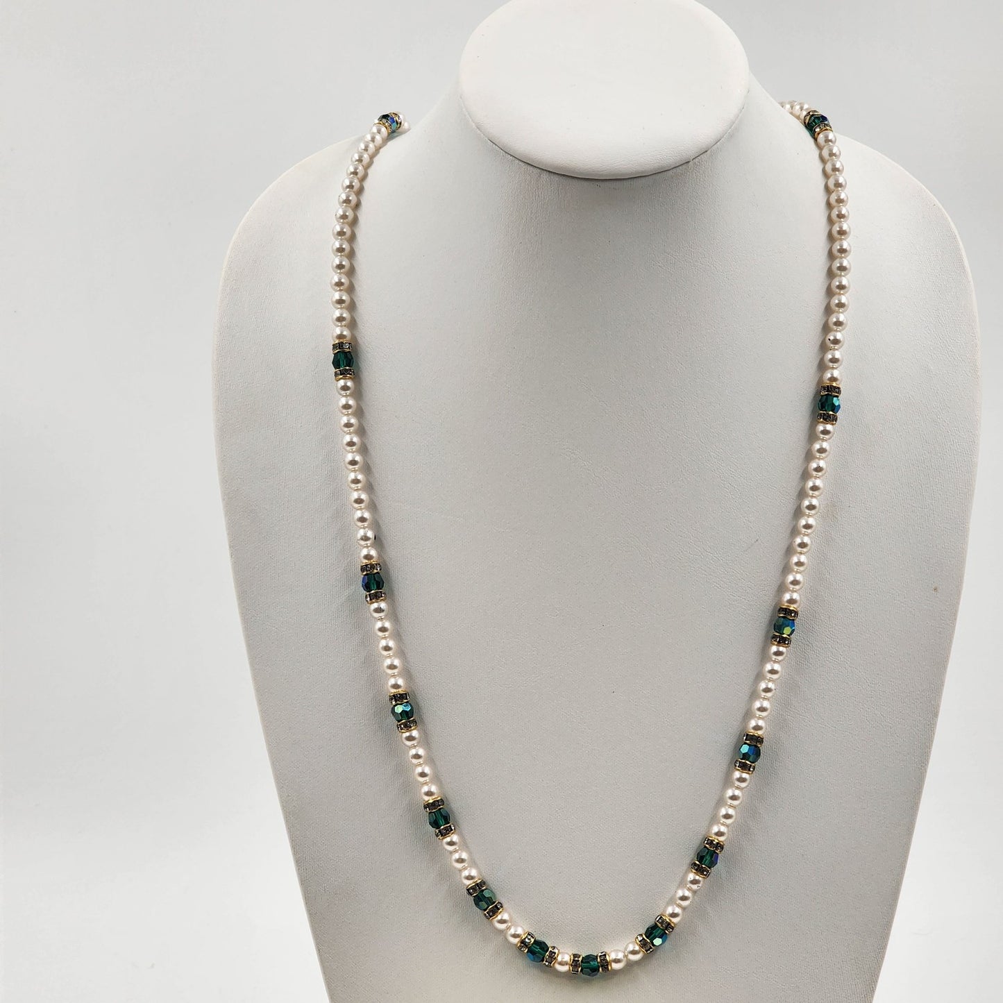 Fashion Faux Pearl Necklace 23” Length Blue & Clear Rhinestones Fishhook Clasp