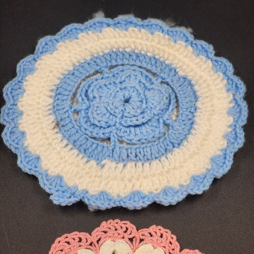 Lot of 2 Vintage Round Crochet Hot Pads Pot Holders Blue White & Pink
