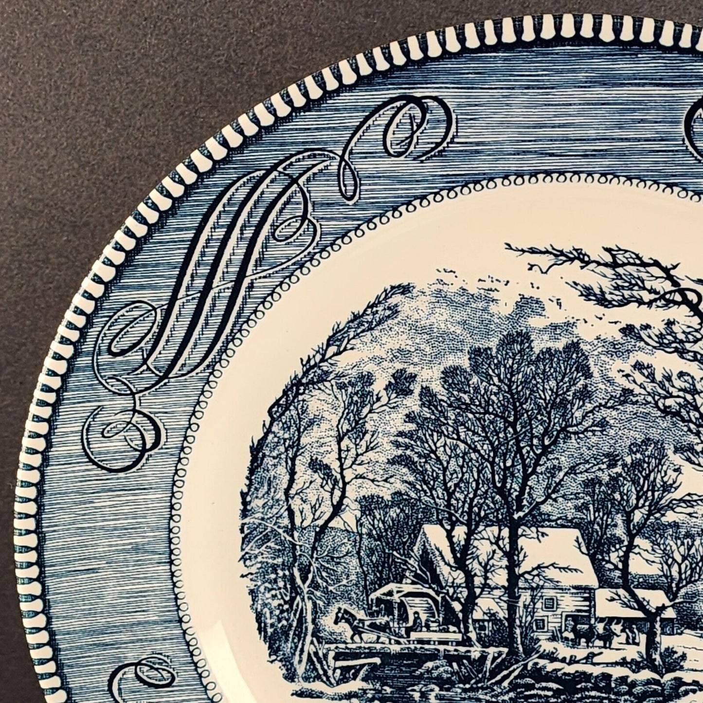 Currier and Ives Blue 10" Dinner Plate by Royal The Old Grist Mill Image USA