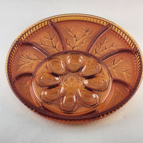 Indiana Glass Pebble Leaf Amber Egg Relish Serving Platter Vintage 12.75" Round