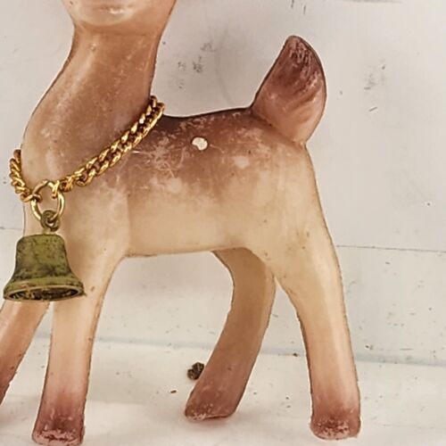 2 Plastic Hollow Reindeer Vintage Figurines Bells Chains Hong Kong 3.5"h