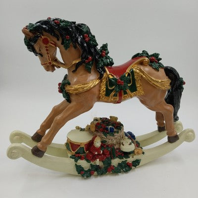 Christmas Holiday Decoration Musical Rocking Horse Basket of Toys Polyresin 12"