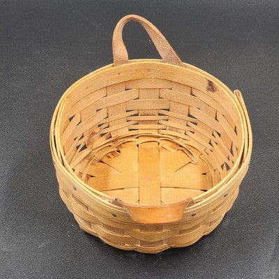 Longaberger Handwoven Button Basket w Leather Handles 6.5" Classic Stain 1997