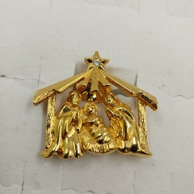 Gold Tone Manger Nativity Scene Pin Brooch Baby Jesus Mary Joseph Crystal Stone
