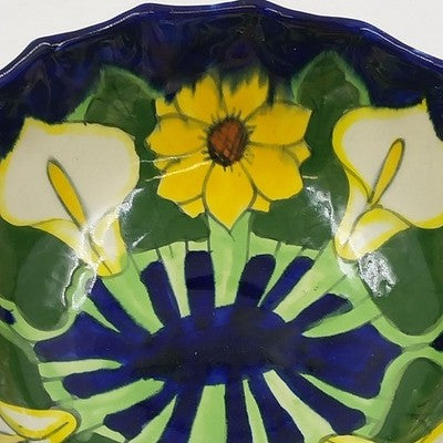 Mexican Folk Art Pottery Serving Bowl 8”x3" Talavera Sunflowers & Calla Lilies