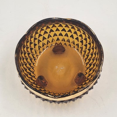 Indiana Glass Amber Diamond Point Three Foot Scalloped Gold Candy Dish Bowl 1970