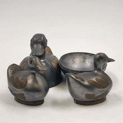 3 pcs Pewter & Brass Duck Family Large & Small Trinket Box Dish 1990s China