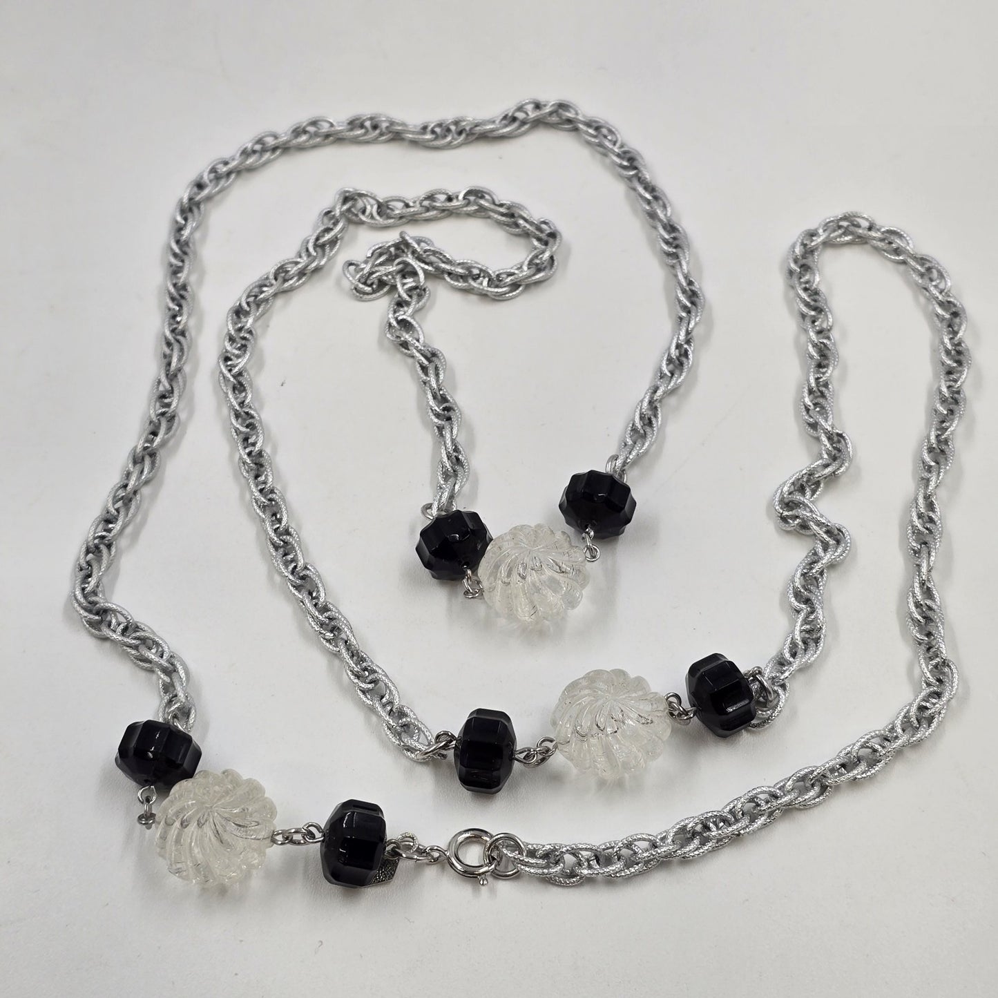 Sarah Coventry Jet Ice Necklace in Silver Tone Chain w/ Black Clear Lucite Beads