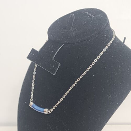 Sarah Coventry Necklace Lapis Blue Bar Pendant Silver Tone Chain 14" Vintage