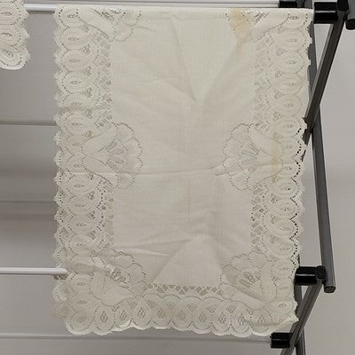 Set of 2 White Rectangle Lace Table Runners w Floral Doilies Scalloped Edge 33.5"
