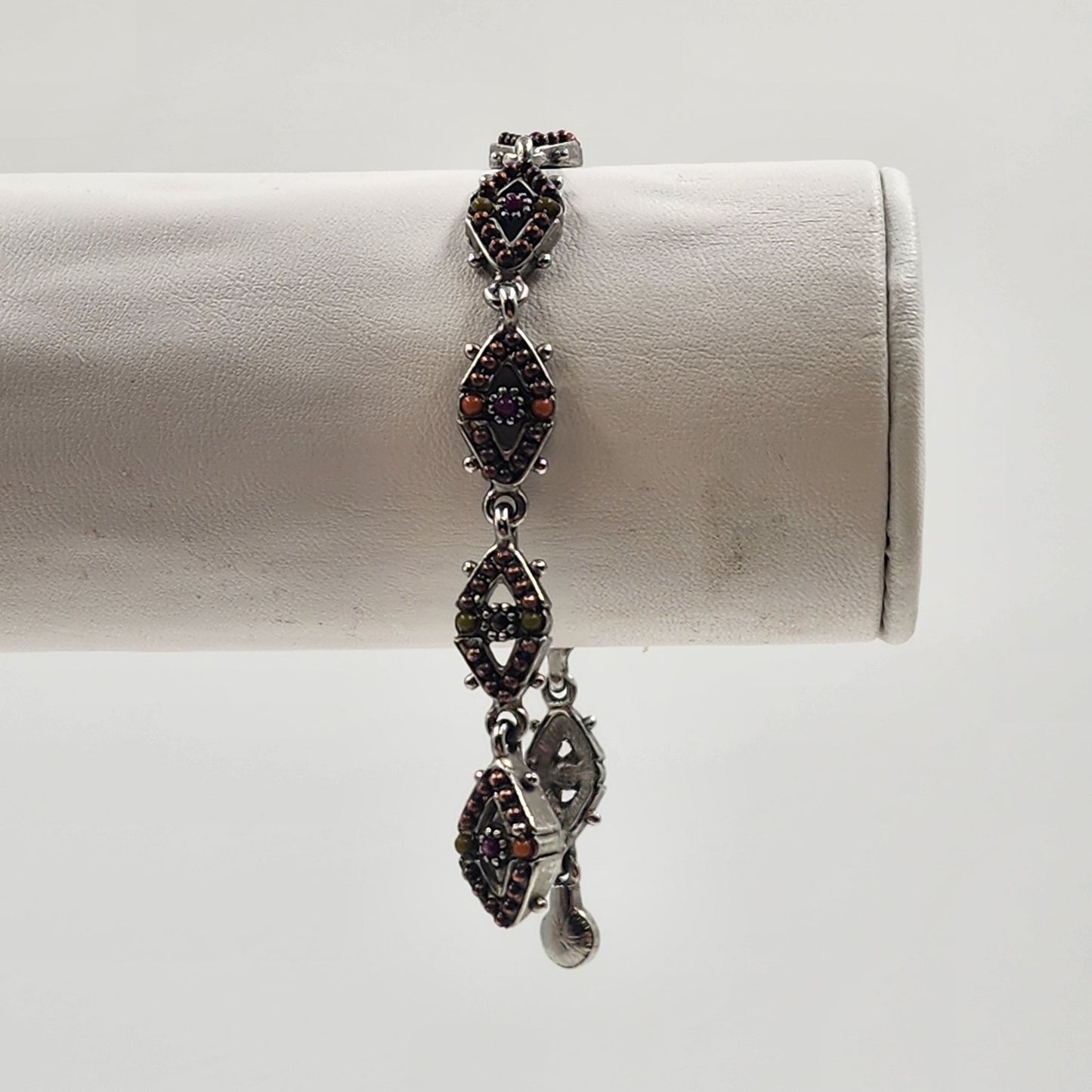 Diamond Chain w/ Orange Brown Beaded Quartz Silver Tone Magnetic Bracelet 7"