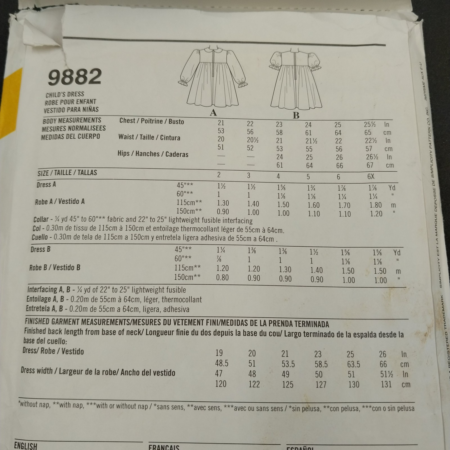 Simplicity 9882 Vintage Sewing Pattern 1995 Uncut Girl Child's Dress Size A 2-6x