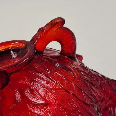 Fenton Ruby Red Glass Bowl 8" Wide Leaf Flowers Footed Dish Ruffled Edge