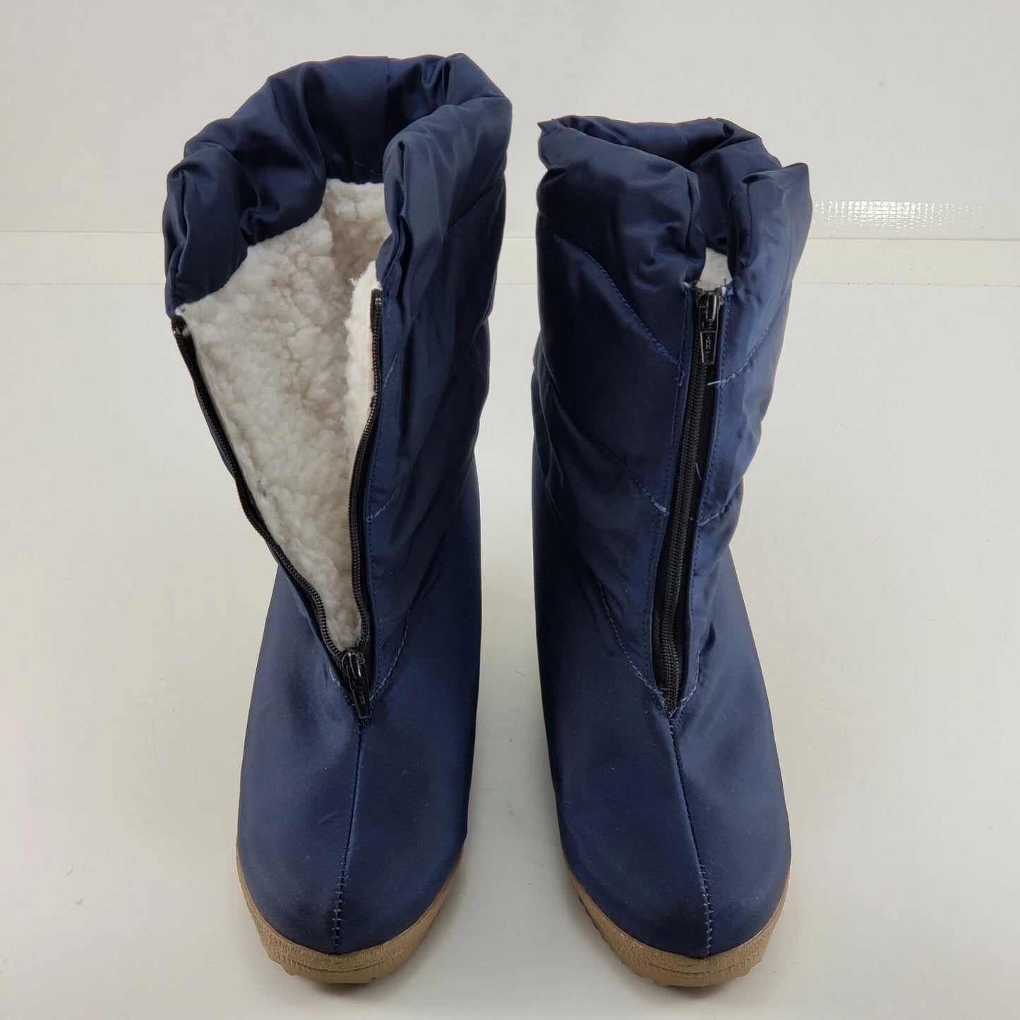 Yodelers Navy Puff Zip Boots Sz 9.5B W1234 Faux Fur Mid Calf Wedge Heel