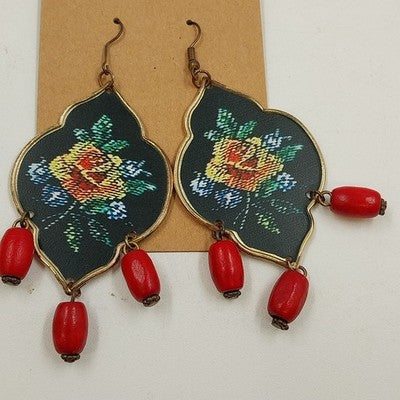 Gold Tone with Floral Tapestry Look on Black w Red Drop Beads Earrings Jewelry