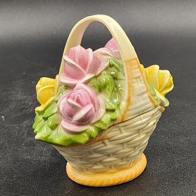 Porcelain Basket w Handle 5"h Pink Yellow Rose Bouquet 2 pcs Trinket Box Germany