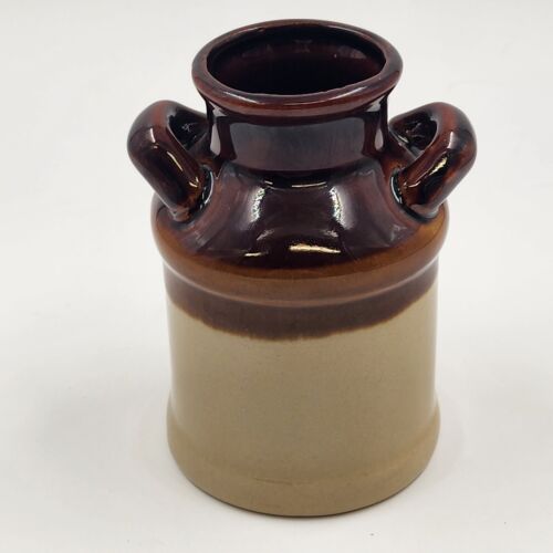 Stoneware Milk Can 5.25" Crock 2 Handles Brown & Beige Crazed