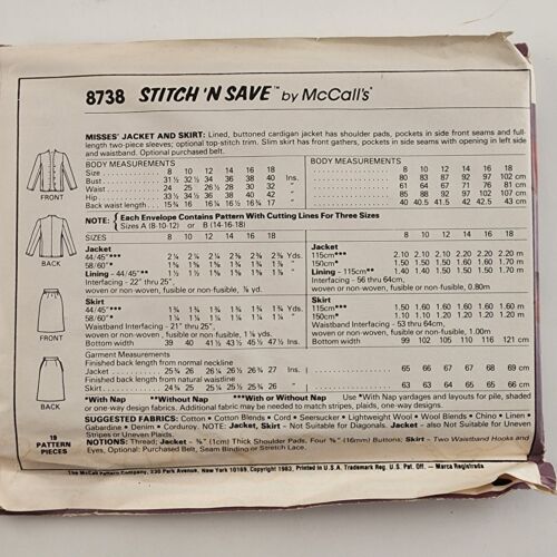 McCall's 8738 Vintage Sewing Pattern 1983 Misses Jacket and Skirt Size B