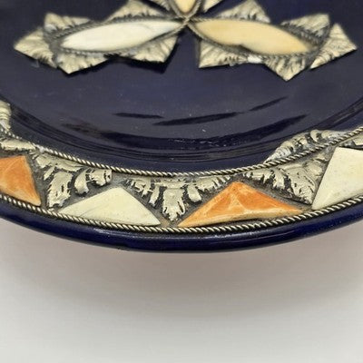 French Ceramic Centerpiece Bowl Cobalt Blue Glaze Silver Hand Carved Shell Inlay