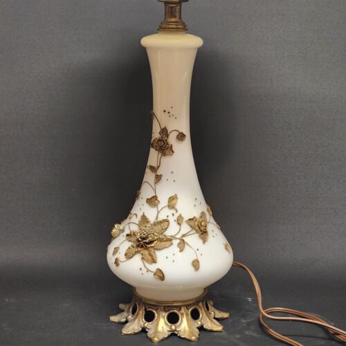 Milk Glass Brass Floral Table Lamp Cast Base 16" Silk Brocade Scallope Shade 11"
