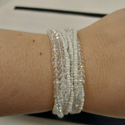 Nine Strand Clear White Small Beaded Magnetic Bracelet w Silver Tone Rhinestone