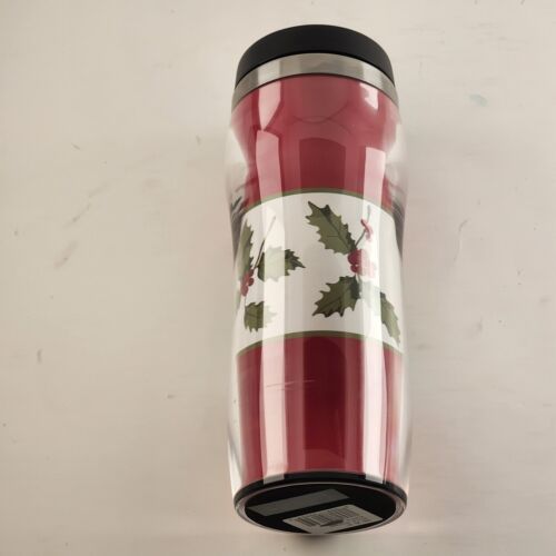 Red White Mistletoe Coffee Tumbler Travel Mug 16oz Metal w/ Glass Christmas