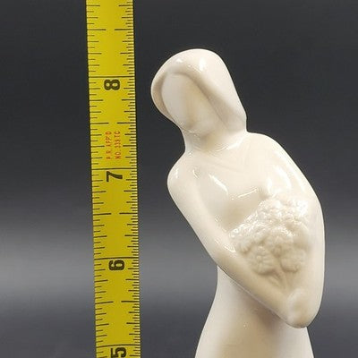 2 Faceless Women Figurines Solid White & Off-White Glazed Porcelain Flowers 8.5"
