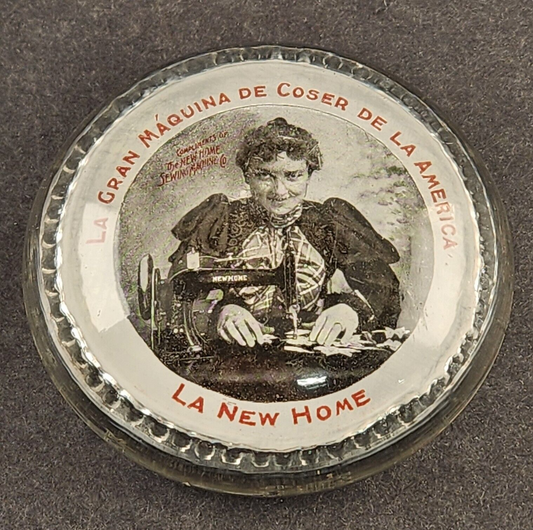 La New Home Sewing Machines Domed Glass Advertising Paperweight 3.5" Vintage