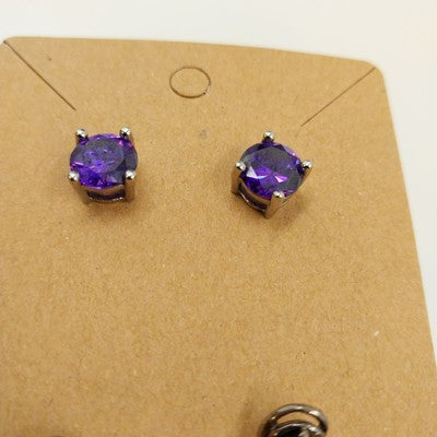 Set of 2 Stud Earrings Silver Tone with Purple and Blue Rhinestones