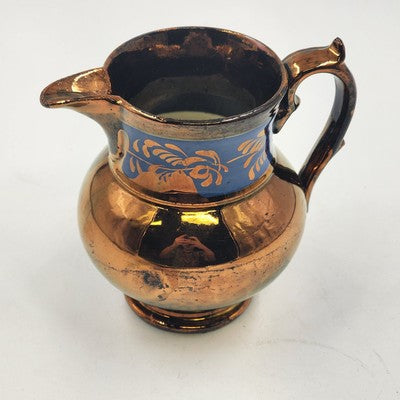 Copper Lusterware Small Creamer Pitcher Bronze & Cobalt Blue Band Floral 5.5"x3"