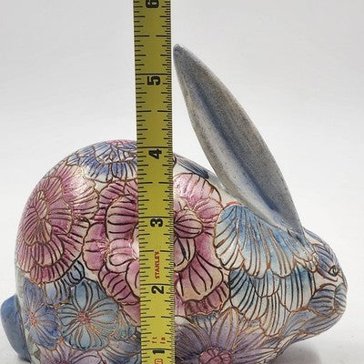 Ethan Allen Home Collection Ceramic Bunny Rabbit Figurine Pink Blue Floral 6"x3"