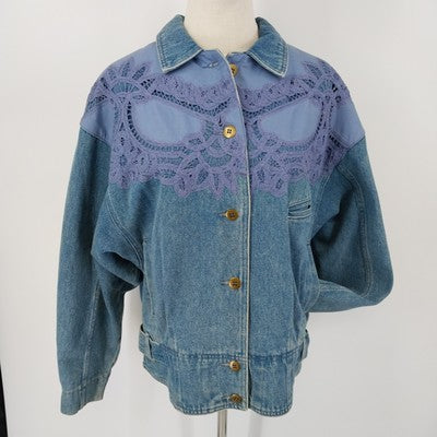 Together! Denim Batwing Jacket Missy S Gold Buttons Lace Trim 1980s Vintage