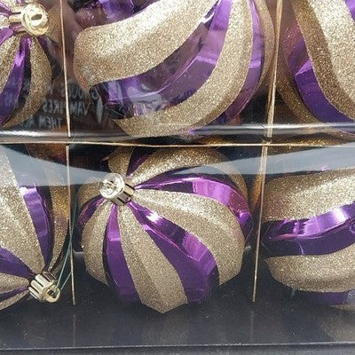 9 pc Purple Gold Swirl Balls Shatterproof Christmas Ornaments Gold Glitter 3.75"