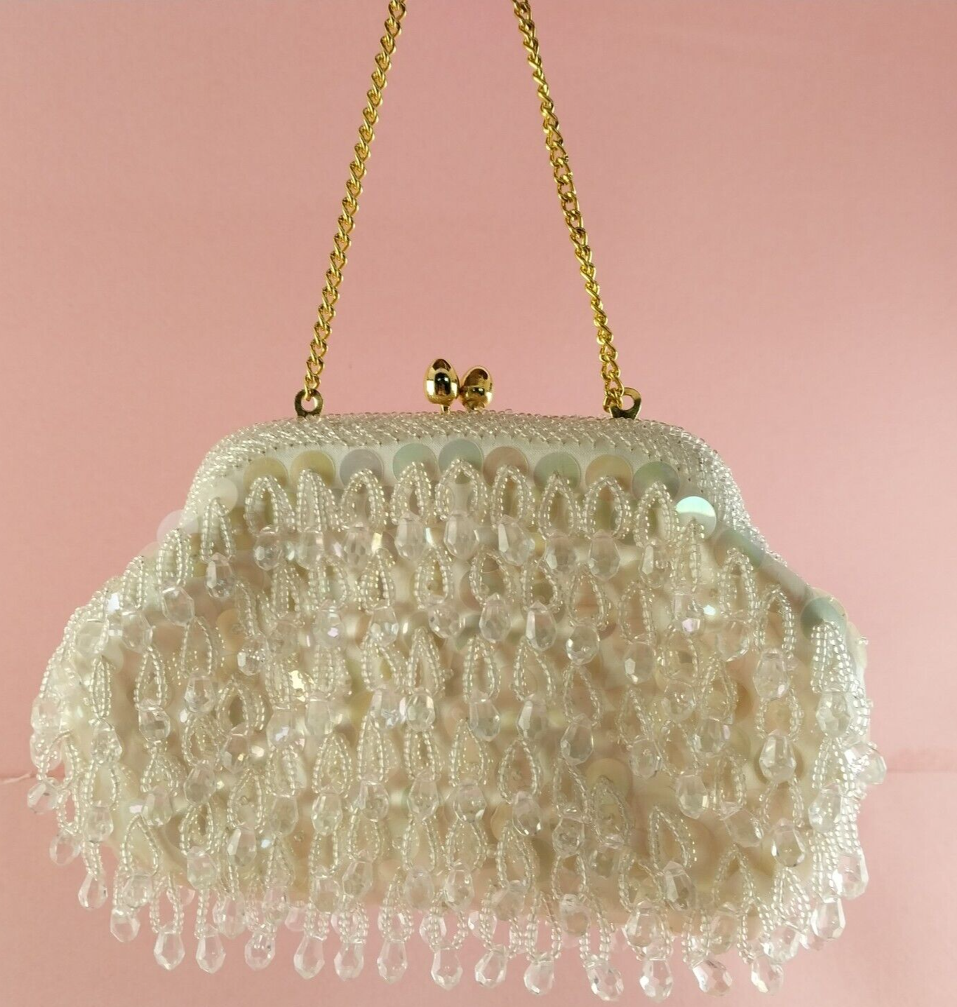 Handmade Hong Kong Beaded Vintage Evening Purse Mini Beads Prisms Sequins 7x4.5"