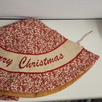 Tree Skirt Merry Christmas Red and Cream Patterned Burlap Red Piping Large 48"