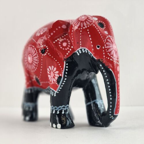 Red and Black Lacquer Painted Elephant Hand Carved Wood Vintage 3"h